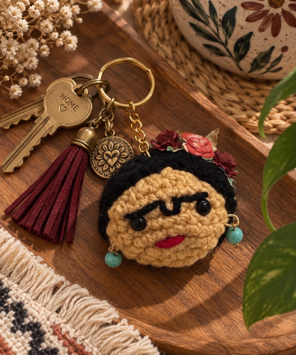 Floral crochet character keychain with burgundy tassel and colorful accents