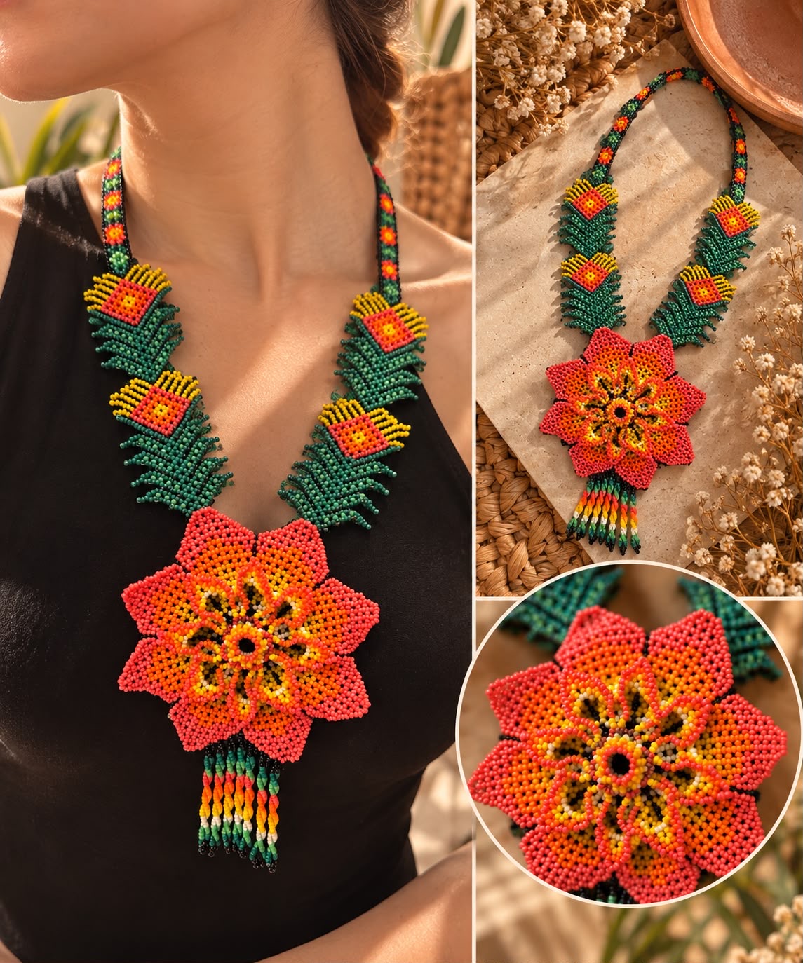 Three views of one colorful floral beaded necklace