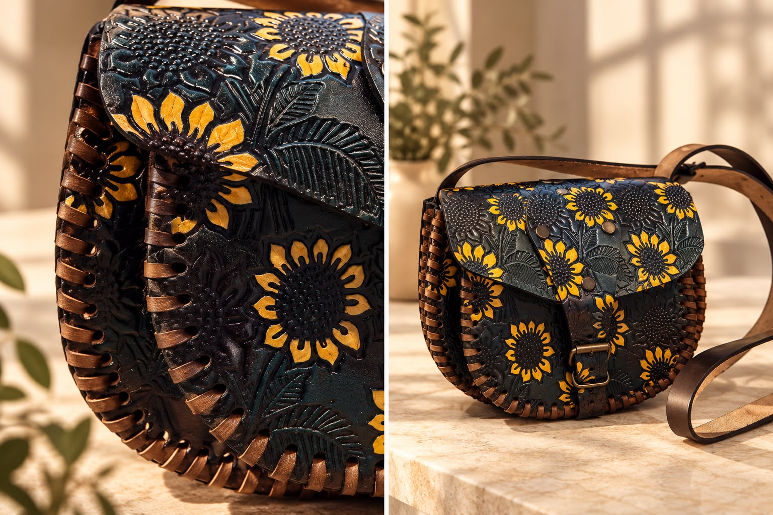 Additional front and close-up views of the sunflower crossbody bag concept
